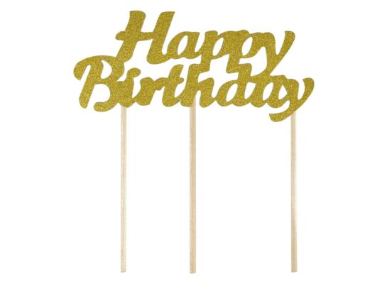 Dekoracja na tort piker Happy Birthday złoty