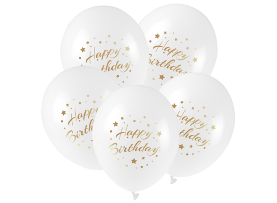Balon ze złotym nadrukiem Happy Birthday 5 sztuk