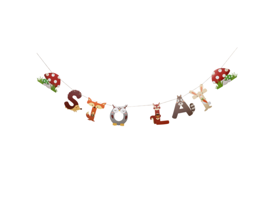 Girlanda "Sto lat" leśne zwierzątka 2,5 m