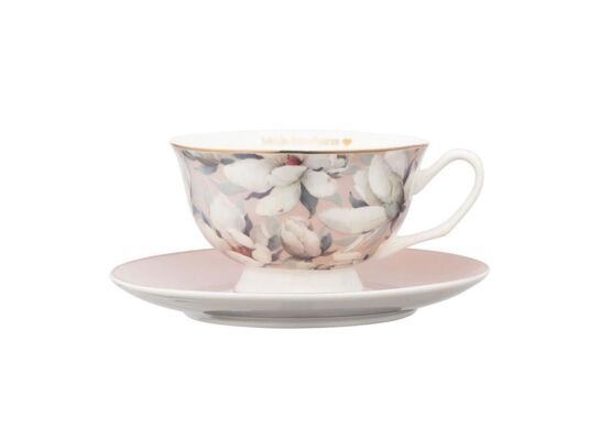 Filiżanka porcelanowa ze spodkiem 220 ml w magnolie różowy