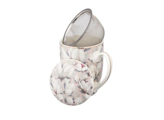 Kubek porcelanowy Magnolia z pokrywką i zaparzaczem 350 ml w kwiaty różowy