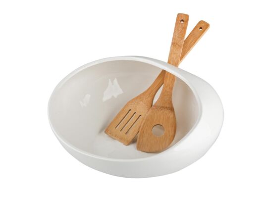 Salaterka porcelanowa Regular 30,5 x 30,5 x 14,5 cm z bambusowymi łyżkami biały