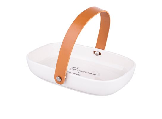 Naczynie porcelanowe owalne Organic ze skórzaną rączką 20 x 14 x 4 cm biały