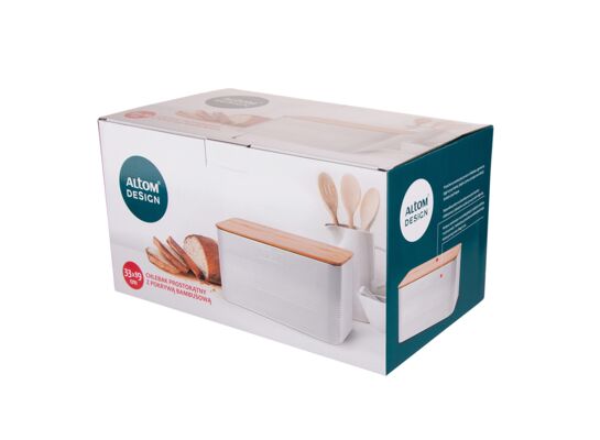 Chlebak prostokątny z pokrywą bambusową 33,5 x 19 x 17 cm loft biały