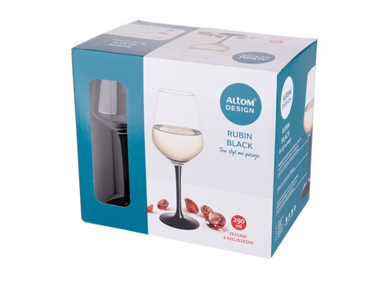 Komplet 6 kieliszków szklanych Rubin Black na czarnej nóżce 290 ml do białego wina