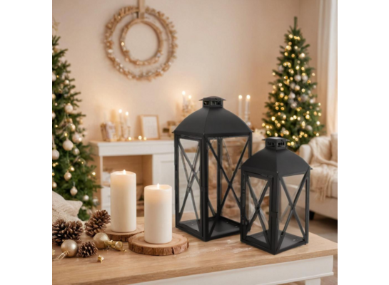 Komplet 2 latarenek metalowych 16,5 x 16,5 x 38 cm + 13,5 x 13,5 x 29 cm czarny