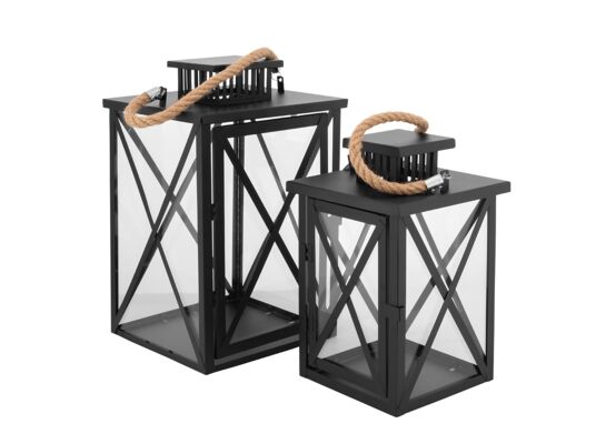 Komplet 2 latarenek metalowych z uchwytem sznurek 20 x 20 x 33 cm + 16 x 16 x 20,5 cm czarny