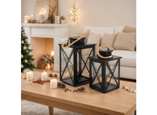 Komplet 2 latarenek metalowych z uchwytem sznurek 20 x 20 x 33 cm + 16 x 16 x 20,5 cm czarny