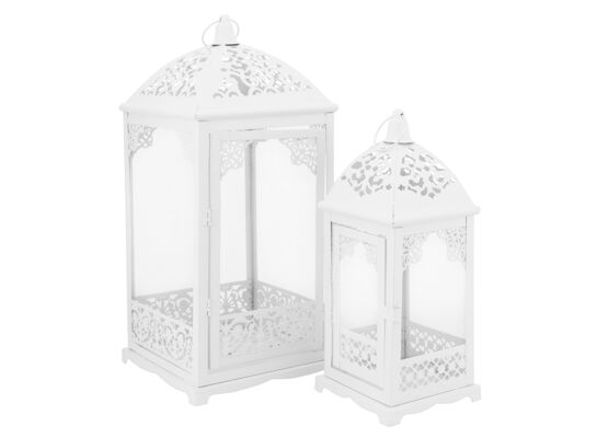 Komplet 2 latarenek metalowych zdobienie ażurowe 12 x 12 x 31 cm + 18 x 18 x 42 cm biały
