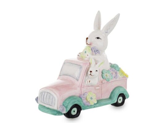 Figurka zające w różowym samochodzie 15,5 x 8 x 15,5 cm