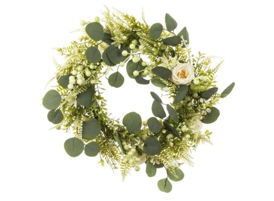 Wianek ozdobny z liści i kwiatów 45 cm zielono-biały