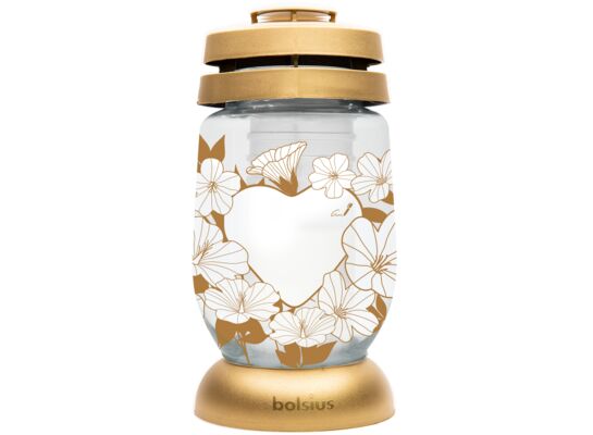 Znicz szklany Serce 11 x 22,4 cm 36 h biało-złoty