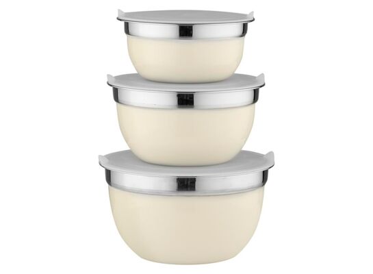 Zestaw misek nierdzewnych z pokrywą 14 cm, 16 cm, 18 cm kremowy