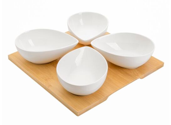 Komplet miseczek łezki do dipów na podstawce bambusowej Adria kwadratowe biały