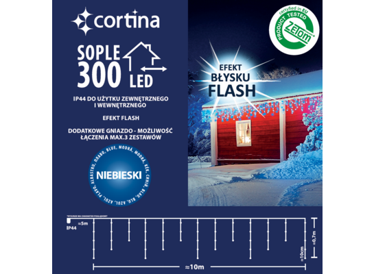 Lampki zewnętrzne sople 300 LED flash zimny / niebieski transformator dodatkowe gniazdo 0,7 x 16 m Cortina