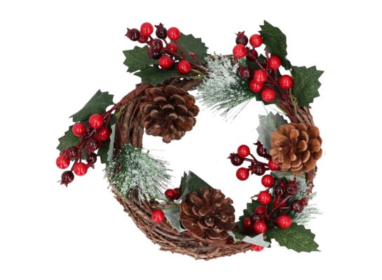 Stroik świąteczny z szyszkami i ostrokrzewem 30 cm