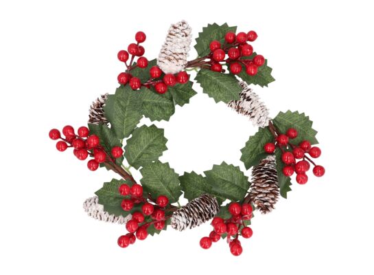 Stroik świąteczny z ośnieżonymi szyszkami i ostrokrzewem 32 cm