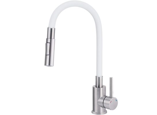 Bateria zlewozmywakowa LUNO stalowo-biała z giętą wylewką i słuchawką 2-funkcyjną Deante