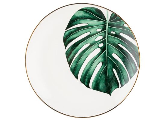 Talerz deserowy Lauren 20 cm złota obwódka liść biały