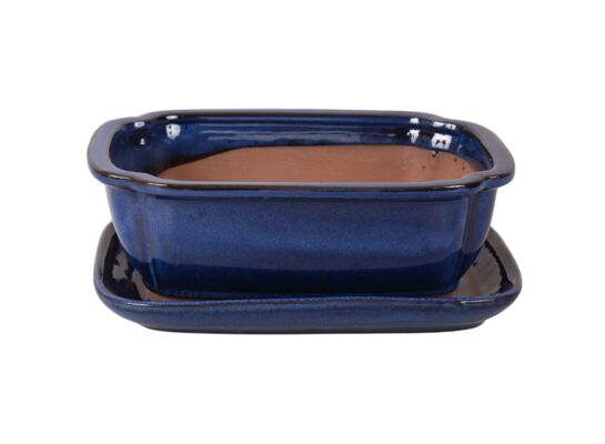 Donica szkliwiona Bonsai z podstawką 21,5 x 17 cm niebieski