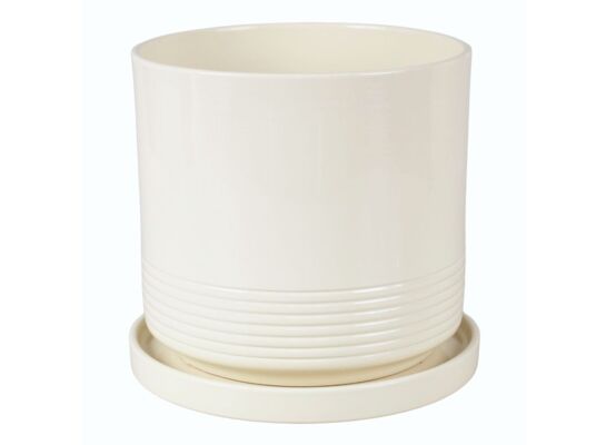 Doniczka cylinder Rille 21 cm + podstawka kremowy