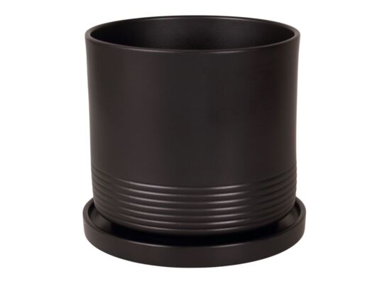 Doniczka cylinder Rille 21 cm + podstawka matowy czarny