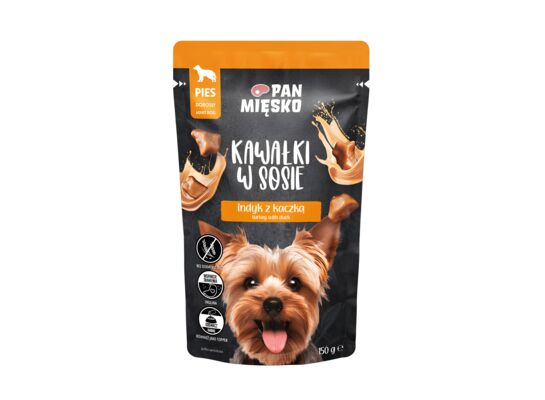 Karma mokra dla psa kawałki w sosie indyk z kaczką 150 g Pan Mięsko