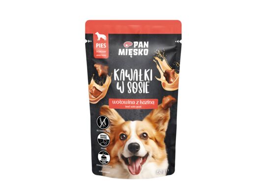Karma mokra dla psa kawałki w sosie wołowina z koziną 150 g Pan Mięsko