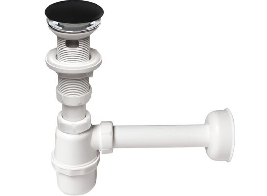 Syfon umywalkowy butelkowy, spust klik-klak z przelewem, czyszczony z góry, duży grzybek ceramiczny czarny