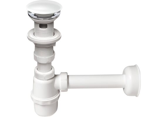 Syfon umywalkowy butelkowy, spust klik-klak z przelewem, czyszczony z góry, duży grzybek ceramiczny biały