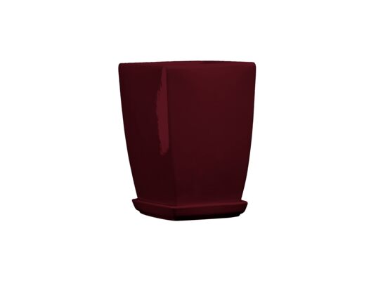 Doniczka ceramiczna z podstawką kwadrat pękaty 26 x 18 cm bordowy połysk symbol 37