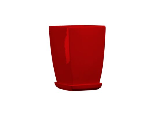 Doniczka ceramiczna z podstawką kwadrat pękaty 33 x 24 cm czerwony połysk symbol 38