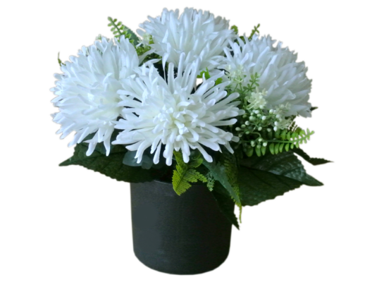 Stroik dekorowany w donicy 4 chryzantemy mix