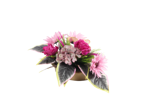 Stroik w misie hortensja róża cynia 54 x 37 cm różowy