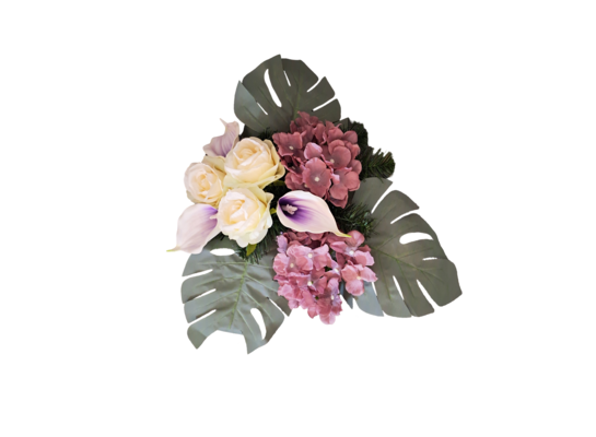 Stroik dekorowany w wazonie róże goździki ostróżki liście fioletowo-kremowy