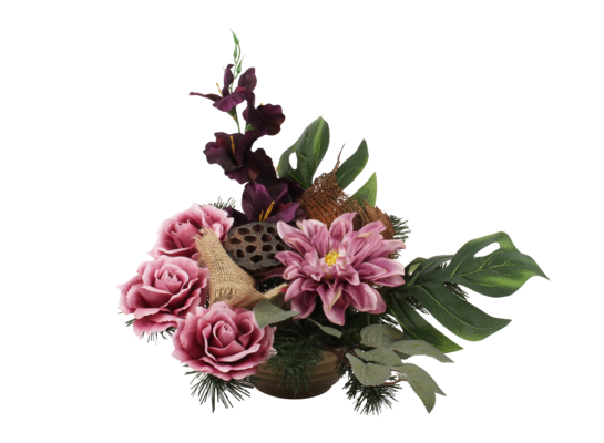 Kompozycja w misie z 5 kwiatami i dekoracją 40 x 36 cm