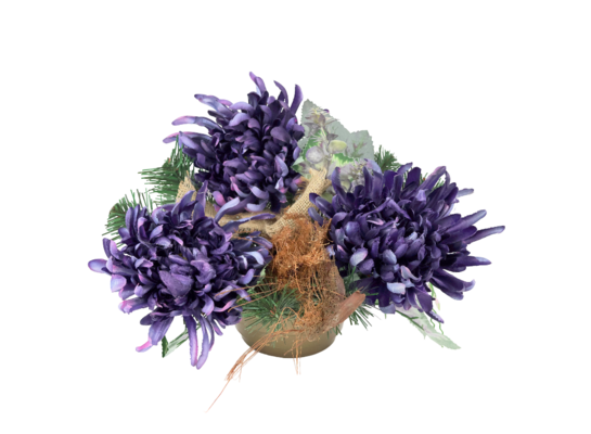 Stroik dekorowany w misie z 3 chryzantemami 27 x 36 cm fioletowy