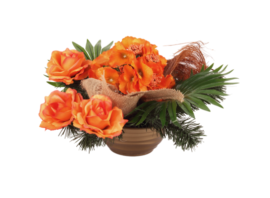 Stroik dekorowany w misie z 4 różami 22 x 36 cm pomarańczowy