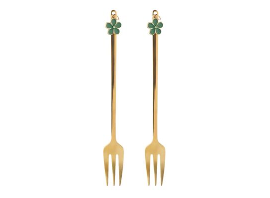 Komplet 2 widelczyków z ozdobną końcówką zielony kwiatek 13,5 x 1,5 cm złoty