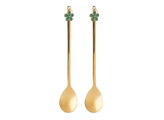 Komplet 2 łyżeczek z ozdobną końcówką zielony kwiatek 13,5 x 2,5 cm złoty