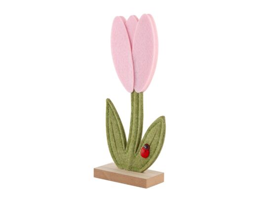 Figurka filcowa tulipan z biedronką na drewnianej podstawce 12 x 5 x 26,5 cm różowy
