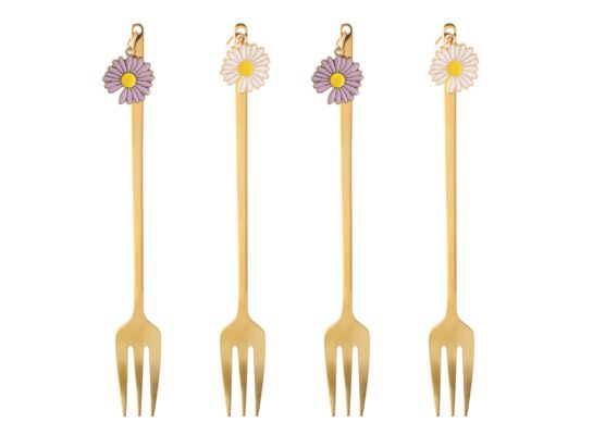 Komplet 4 widelczyków do ciasta z zawieszką kwiatek złoty