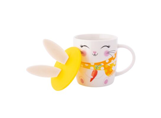 Kubek baryłka NBC 400 ml z silikonową pokrywką Zajączek uśmiechnięty w opasce wielokolorowy