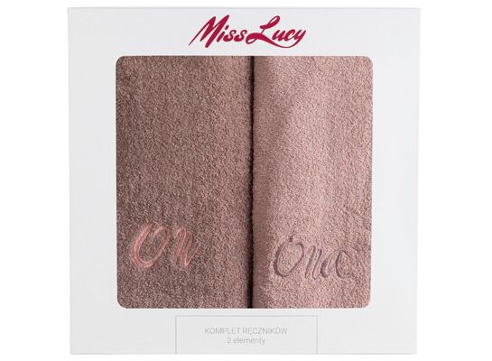 Ręczniki Miss Lucy zestaw 2 sztuki Ona On 70 x 140 cm ciemnowrzosowy + jasnowrzosowy