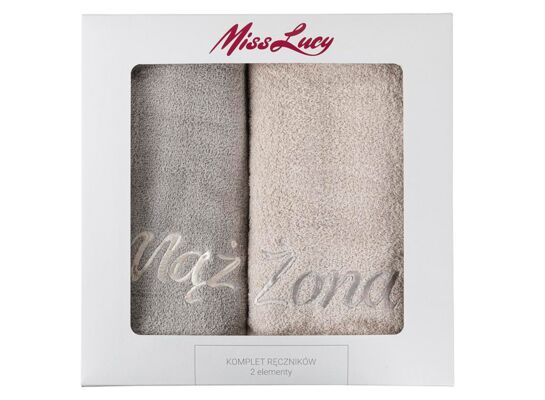 Ręczniki Miss Lucy zestaw 2 sztuki Mąż Żona 70 x 140 cm ciemnobeżowy + jasnobeżowy