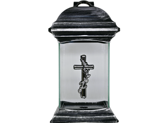 Znicz kapliczka szklana z aplikacją krzyż srebrny 14,5 x 26 cm srebrny