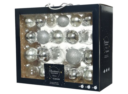 Bombki szklane mix połysk/mat/brokat/transparentne 7 cm srebrne 42 szt.