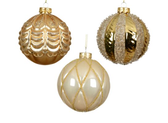 Bombka szklana 3 wzory 10 cm złoty / perłowy 1 szt.