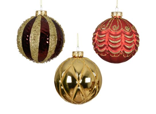 Bombka szklana 3 wzory czerwony/bordo/złoty 10 cm 1 szt.