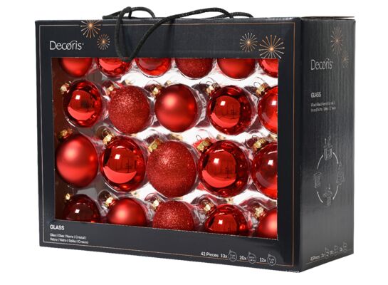 Bombki szklane mix czerwone połysk/mat/brokat/transparentne 7 cm 42 szt.